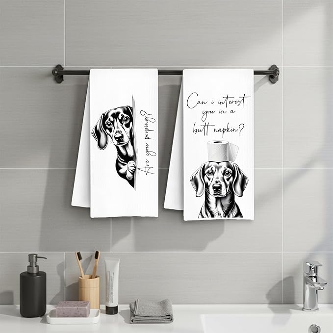 Funny Dachshund Dog Hand Towels, Dachshund Bathroom Decor, are You Pooping Weiner Dog Decorative Hand Towels for Bathroom Washroom Restroom Toilet, 16x24 Inch Set of 2