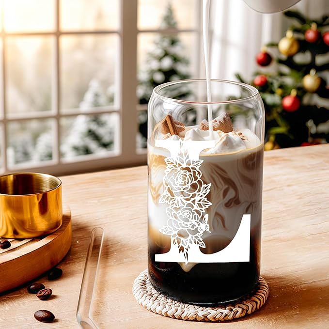 Christmas Gifts for Women: Initial Glass Cup as Office Graduation Memorial Holiday Personalized Gifts - for Mom Grandma Wife Girlfriend Sister Daughter Friend Christmas Gifts - L Aesthetic Cup