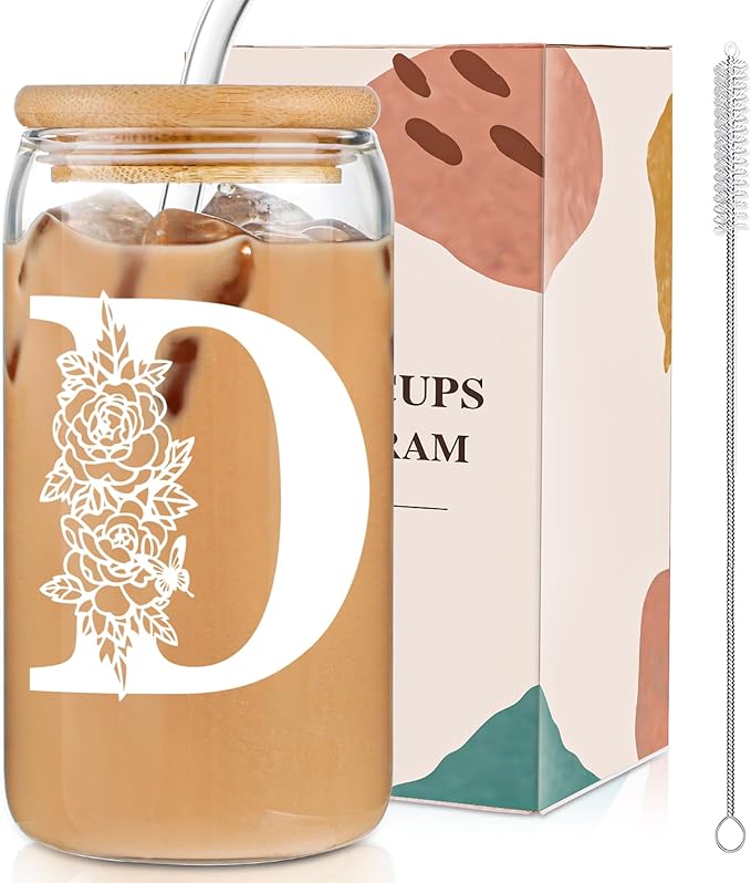 Christmas Gifts for Women: Initial Glass Cup as Office Graduation Memorial Holiday Personalized Gifts - for Mom Grandma Wife Girlfriend Sister Daughter Friend Christmas Gifts - D Aesthetic Cup