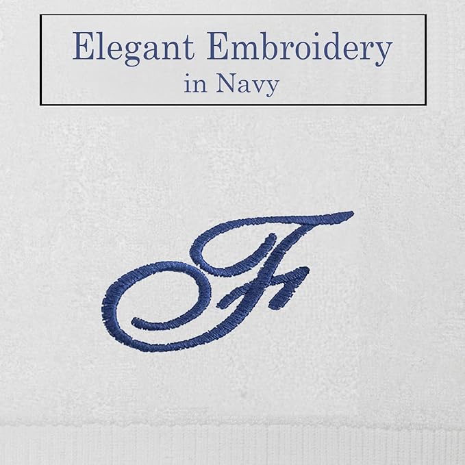 White Monogrammed Hand Towels for Bathroom - Luxury Hotel Quality Personalized Initial Embroidered Towel for Powder Room, Spa - GOTS Organic Certified - Pack of 2 Navy, Letter F