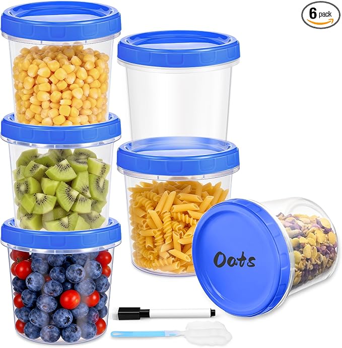 6 Pcs 32 oz Freezer Storage Containers for Soup, Plastic Containers with Screw Top Lids, Reusable Clear Food Storage Containers with Pen and Brush, Microwave & Dishwasher Safe