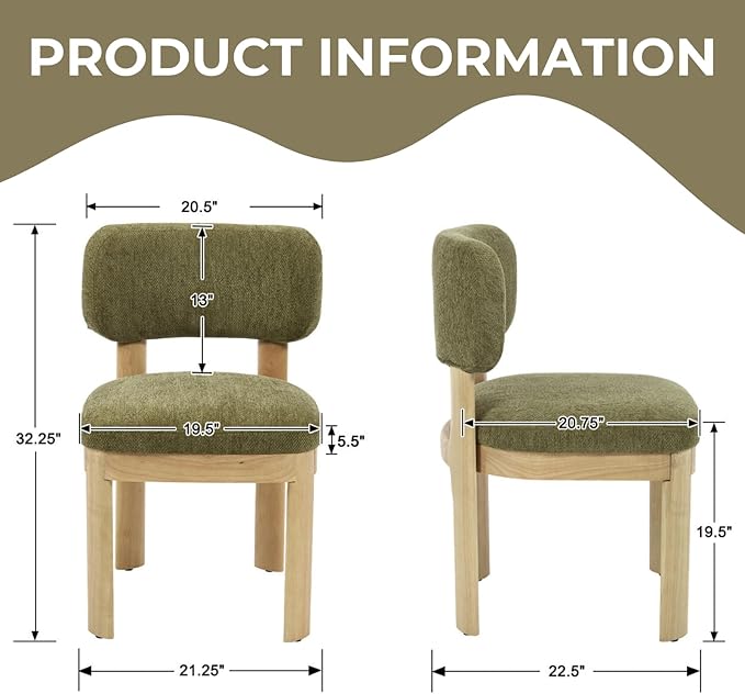 Green Upholstered Dining Chairs Set of 2 Chenille Fabric Dining Room Chairs Modern Barrel Kitchen Chairs with Curved Backrest and Wooden Legs