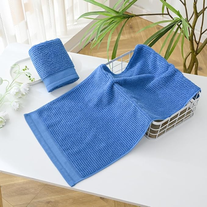 YiLUOMO 100% Cotton Blue Hand Towel Set of 2 Ribbed Striped Pattern Soft Absorbent Decorative Towel for Bathroom 13 x 29 Inch