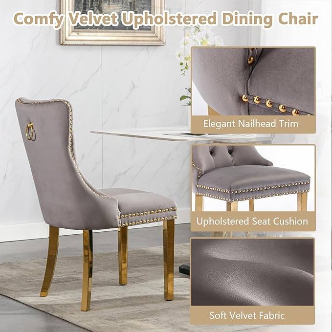 Goujxcy Modern 7 Piece Glass Dining Table Set Luxury Glass Kitchen Table and Chair Set for 6, 70" Large Rectangular Dining Room Table with 6 Tufted Chairs and Stainless Steel Legs (Gold & Grey)