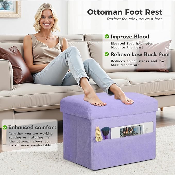 Small Ottoman with Storage, Folding Soft Fur Storage Foot Rest Stool with Thicker Furry Padded Seat. Ottoman Bench for Bedroom Living Room, Holds Up to 300 lbs, 17x13x13IN (Purple)