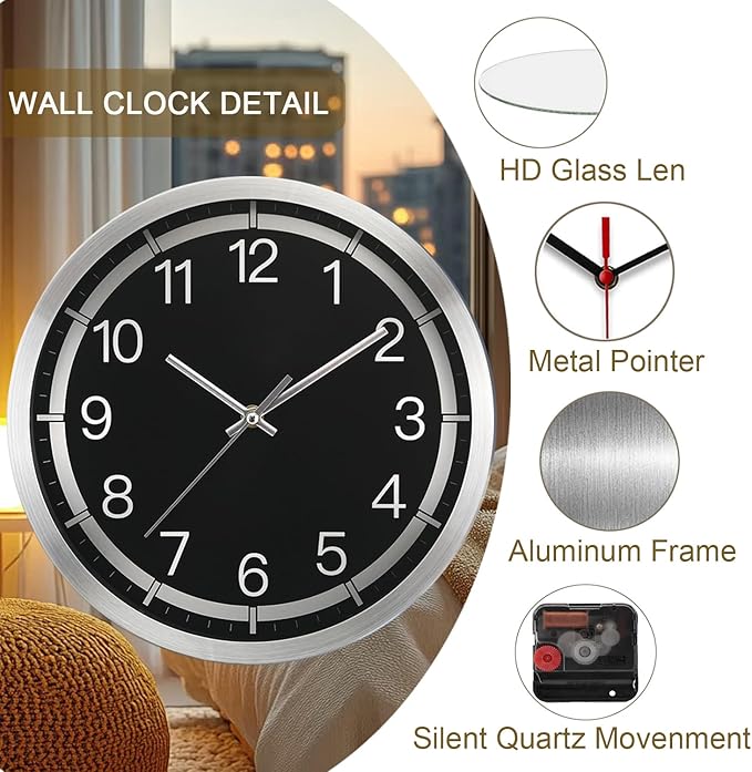 Silent Wall Clock Battery Operated,Modern Metal Wall Clock Decorative for Living Room/Kitchen/Home/Office/School,12 inch