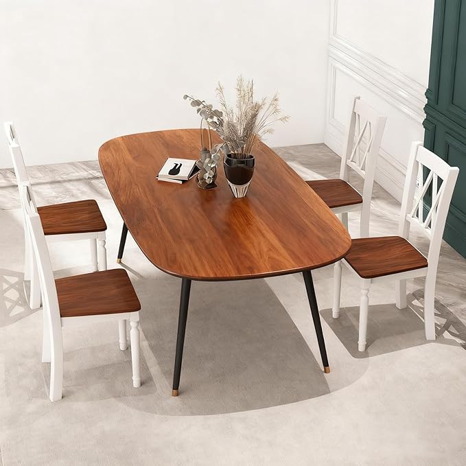 POWERSTONE Wooden Dining Chairs Set of 2, Farmhouse Kitchen Chair with High Backrest, 360 lbs Armless Dinette Seat for Kitchen, Dining Room, Living Room, White and Walnut