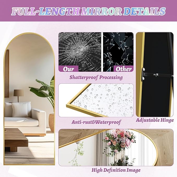 Floor Mirror, 68"×26" Full Length Mirror with Stand for Bedroom Living Room, Gold