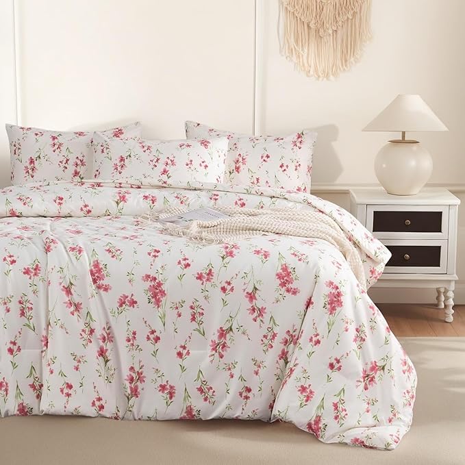 EAVD Pink Floral Comforter Set Queen Soft Microfiber Chic Shabby Garden Pink Floral Bedding Queen Comforter Set with 2 Pillowcases Fresh Botanical Comforter Set for All-Season