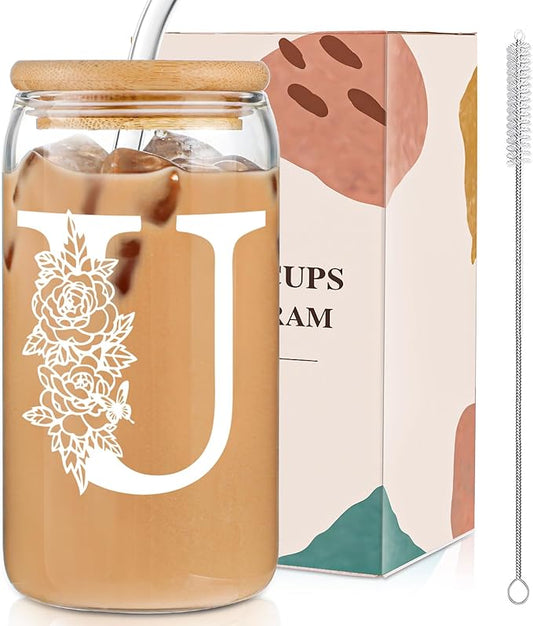 DWTS DANWEITESI Birthday Gifts for Women: Initial Glass Cup as Office Graduation Memorial Holiday Personalized Gifts - for Teacher Employee Nurse Coworkers Bridesmaid Bride - U Aesthetic Cup