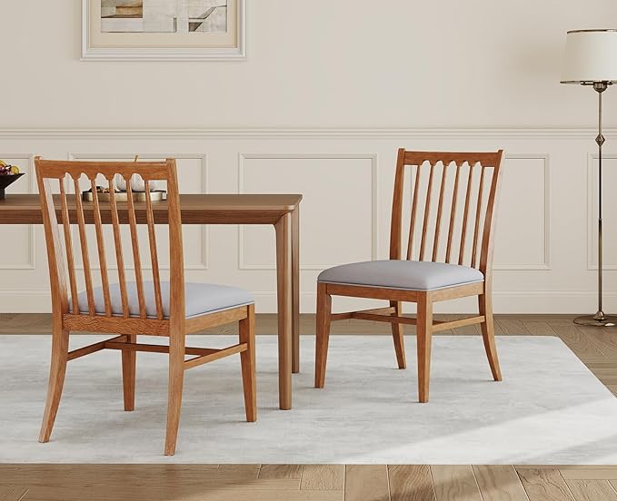 chairus Upholstered Kitchen Chairs Set of 2, Natural Wooden Barrel Dining Chairs with Slat Back Double-Layer Cushion Farmhouse Accent Chairs for Dining Room/Living Room/Restaurant, Chenille Grey