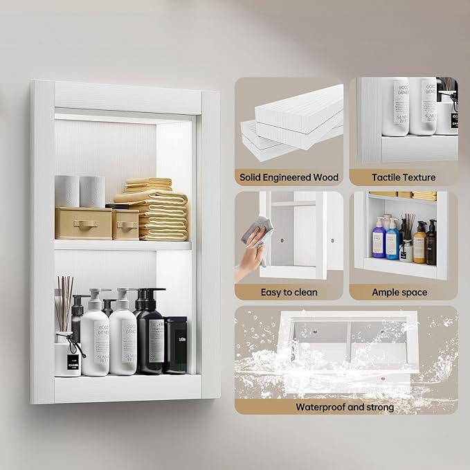 14x18 Recessed Medicine Cabinet, 2 Tiered Wood Bathroom Wall Niche, Water-Proof Recessed Wall Niche Medicine Cabinet Replacement, for Living Room, Bathroom Storage, White