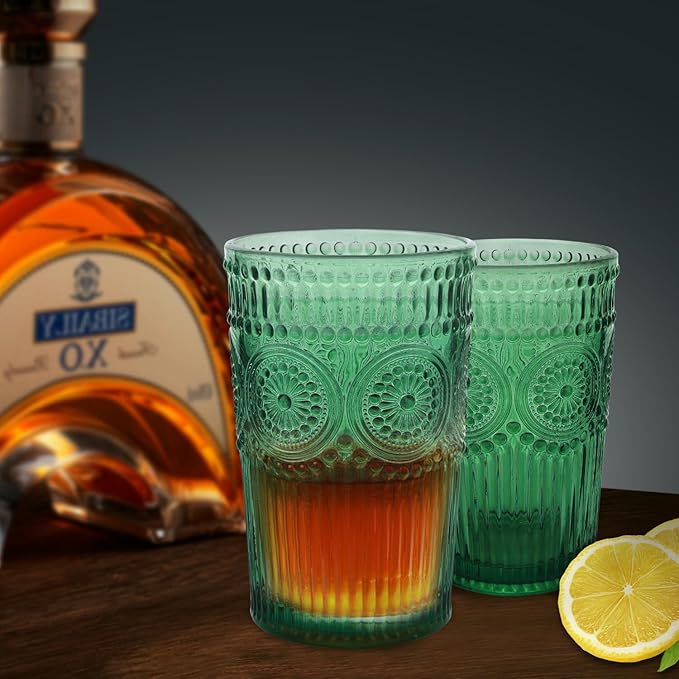 6pcs Vintage Drinking Glasses Set, 12 oz Atroviens Highball Glasses, Embossed Ribbed Glassware Cups for Cocktail, Water, Juice, Coffee, Whiskey