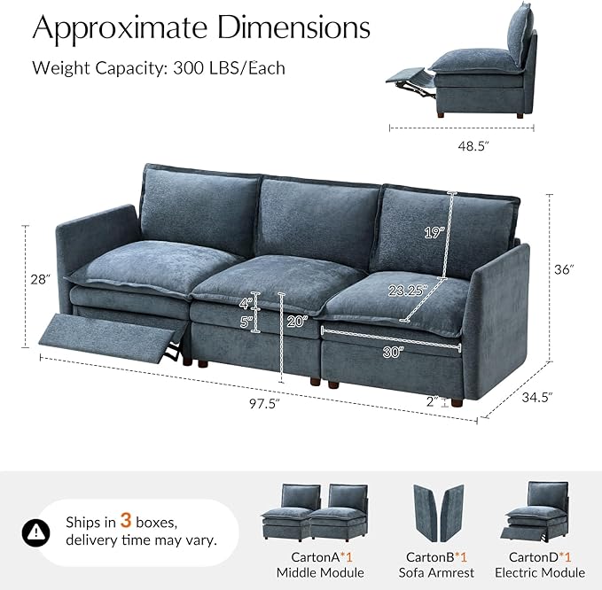 HULALA HOME 98'' Power Recliner Sofa with Dual-Layered Cushions, Oversized Modular Sectional Sofa with Storage Ottoman, Modern 3 Seater Cloud Couch for Living Room, Blue