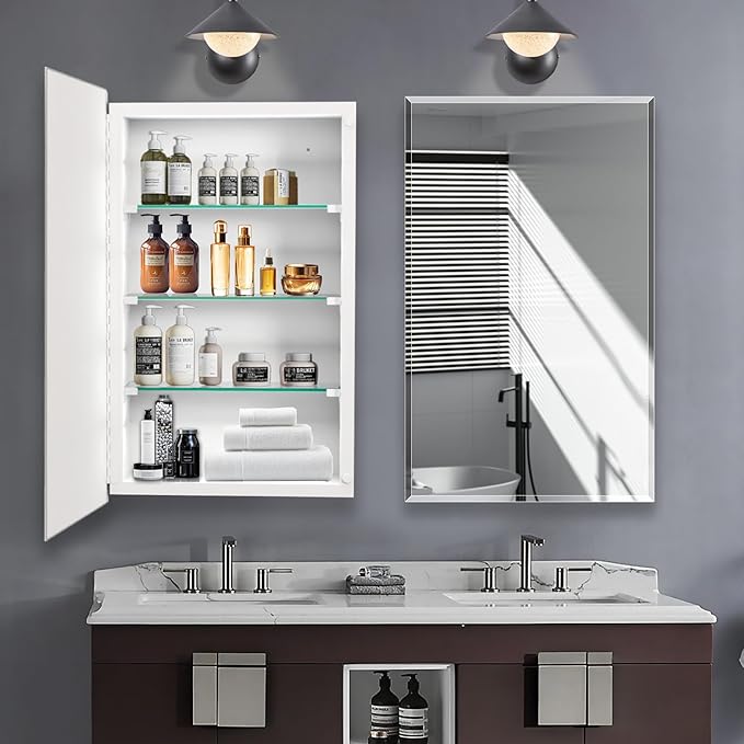 Bathroom Medicine Cabinet with 24x36 in Rectangular Beveled Frameless Mirror,Wall Mounted Mirror Cabinet for Bathroom Toilet Kitchen,Recess or Surface Mount