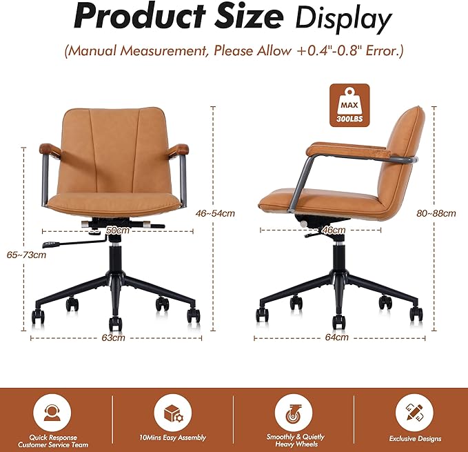 Home Office Desk Chair, Ergonomic Minimalist Faux Leather Swivel Chair with Oak Wood Armrests, Comfortable Task Chair for Computer or Study Room, 2 Pack, Camel Brown