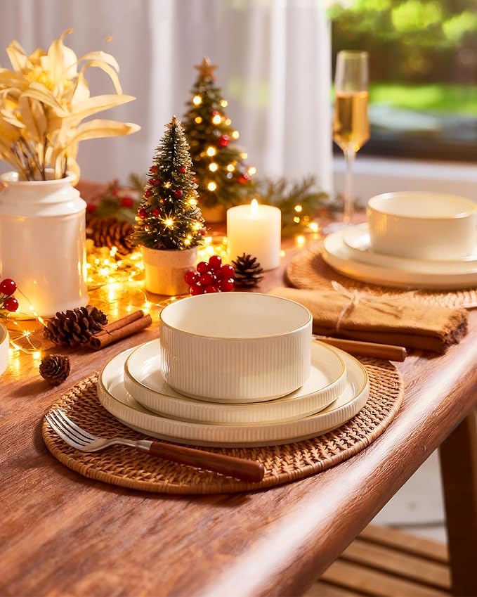famiware Star Dinnerware Set, Plates and Bowls Sets for 4 (12pcs), Ribbed Stoneware Dishes - Chip & Scratch Resistant, Microwave & Dishwasher Safe Tableware, White