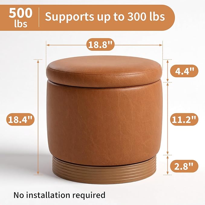 Round Storage Ottoman,Swivel Vanity Stool-Leather Foot Rest,Upholstered Footstool Pouf with Sturdy Acacia Wood Frame(500 lbs),Small Coffee Table & Hidden Storage Ottoman for Living Room