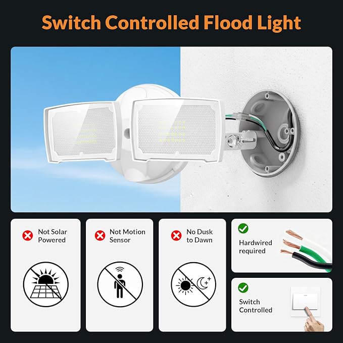 LEPOWER 3000LM Flood Light Outdoor, Switch Controlled LED Security Light, 28W Exterior Lights with 2 Adjustable Heads, IP65 Waterproof, 5500K Wall Mount Exterior LED Flood Light for Garage, Yard White