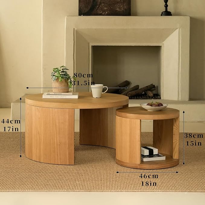 Round Nesting Coffee Table Set of 2, 31.5" Large and 18" Small Low Tables, Modern Wood Grain Tables for Living Room, Brown