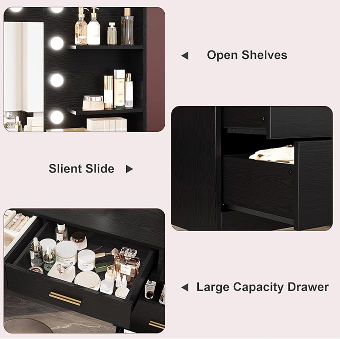 GarveeHome 61 in Make up Vanity Desk with Mirror and Lights, Black Vanity with 8 Wide Storage Drawers & 2 Tier Shelves, 3 Lighting Modes with Adjustable Brightness for Bedroom