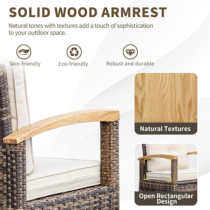 MEISSALIVVE 10 Pieces Outdoor Patio Furniture Sets,PE Wicker Patio Conversation Sets with 4 Wood Armrests Swivel Rocker Chairs，2-seat Sofa and Coffee Table(Brown)