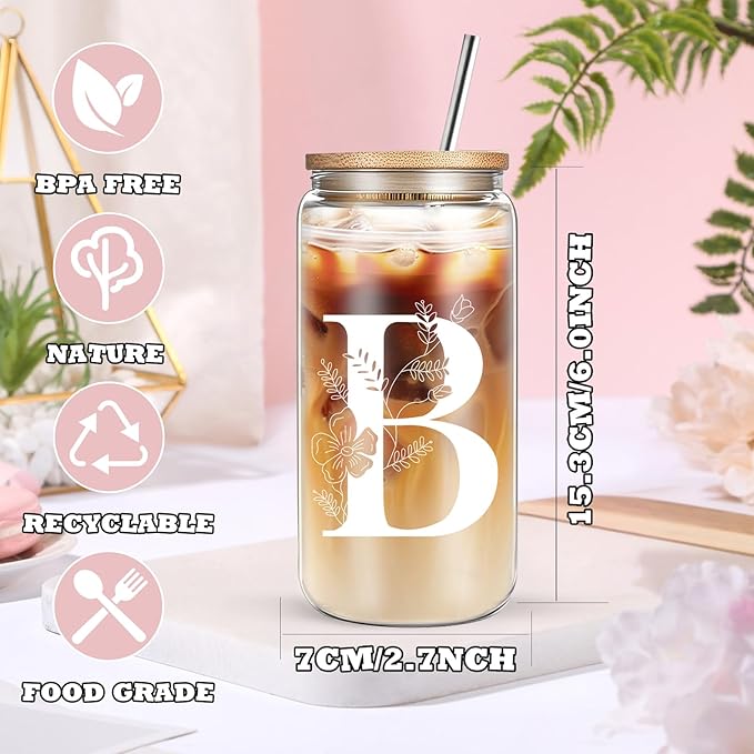 Unique Initial Glass Cup with Lids and Straws, Monogrammed Gifts Box Included Makeup Bag, Christmas Birthday Gifts for Women Mom Sister Grandma, B