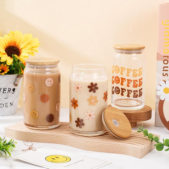 Whaline 6 Pack Boho Drinking Glasses 16oz Boho Rainbow Sun Heart Flower Glasses Cup Retro Groovy Ice Coffee Cup with Bamboo Lid Glass Straw Cleaning Brush for Cocktail Whiskey Beer Soda Gifts