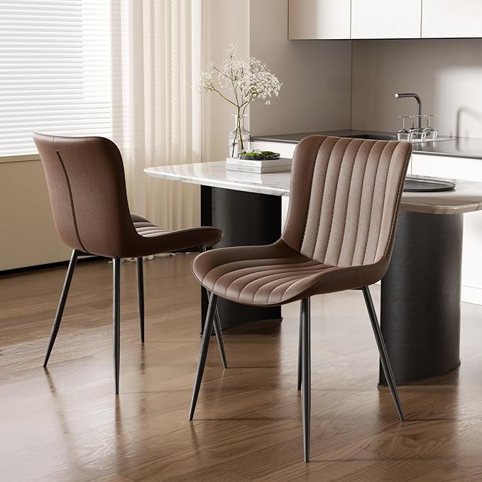 Dining Chairs, Modern Dining Room Chair 16 inch Leather with Wooden and Metal Frame, Set of 2 (Brown)