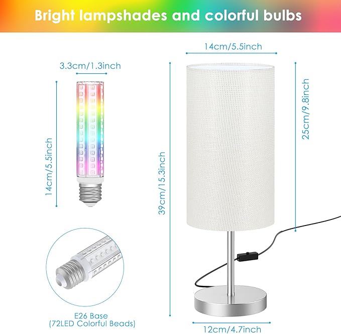 Smart Bedside Table Lamp for Bedroom, Modern Bedroom Lamps for Nightstand Decoration, 72 LED Colorful Bulb with APP Control & Music Sync & Timer, Desk Light for Home Office Living Room (Nickel Round)