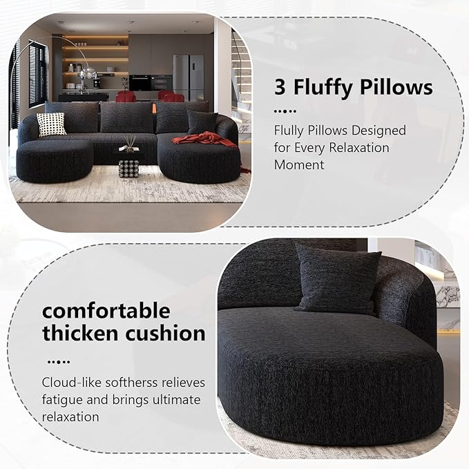 111" Modular Sectional Couches Luxury Modern Curved Back U-Shape Sofa Set with Ottoman,Minimalist Comfy Boneless Cloud Couch for Living Room Apartment,(Right Facing Chaise,Black)