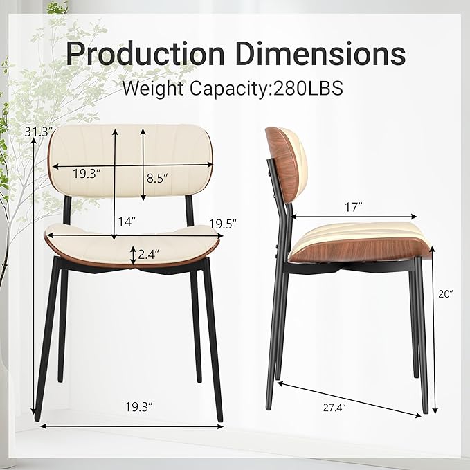 Mid Century Modern Dining Chairs Set of 4,Upholstered Faux Leather Kitchen Chairs with Walnut Bentwood Back and Metal Legs for Kitchen Dining Room Living Room, Beige