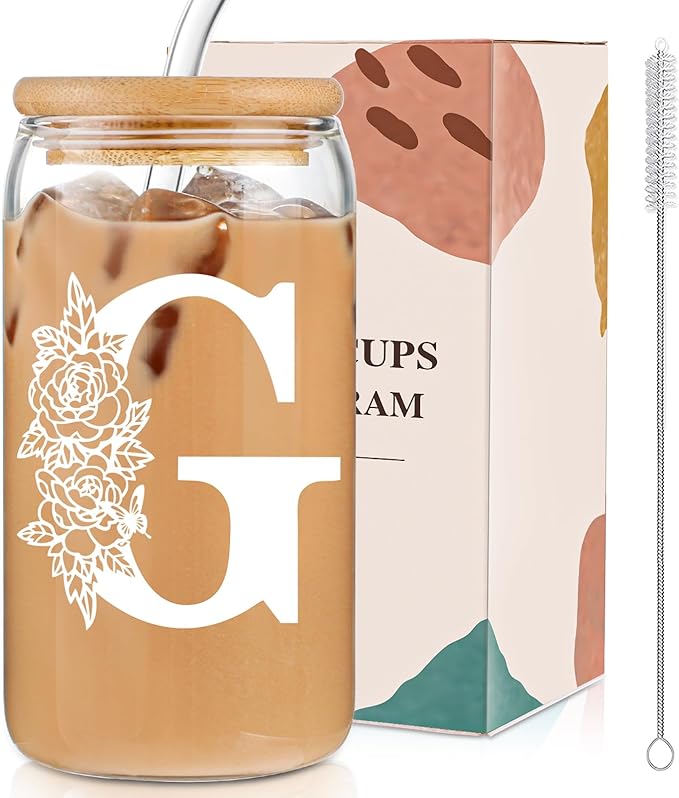 DWTS DANWEITESI Birthday Gifts for Women: Initial Glass Cup as Office Graduation Memorial Holiday Personalized Gifts - for Teacher Employee Nurse Coworkers Bridesmaid Bride - G Aesthetic Cup