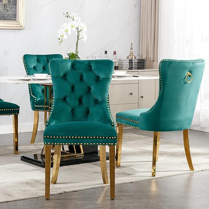 Luxury Upholstered Dining Chairs Set of 4, Green Kitchen Chair with Golden Metal Legs, Velvet Tufted Back Dining Chair, Sillas de Comedor, Modern Kitchen & Dining Room Chairs (Green, 4 Pcs)