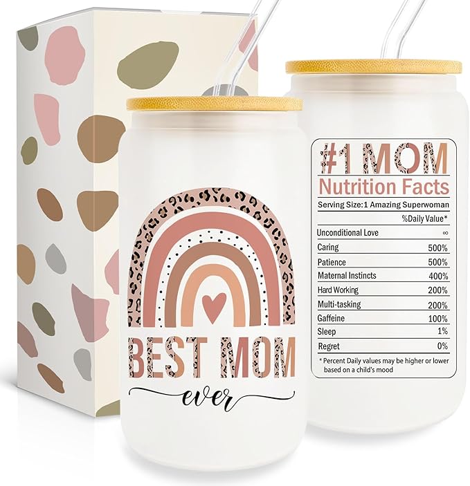 Best Mom Gift for Mother from Daughter Son, Gifts for Mom Iced Coffee Cup, Unique Mom Birthday Gifts, Thank You Mom Gift Ideas for Mother, 16oz Glass Cup with Lid and Straw