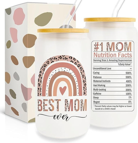 Best Mom Gift for Mother from Daughter Son, Gifts for Mom Iced Coffee Cup, Unique Mom Birthday Gifts, Thank You Mom Gift Ideas for Mother, 16oz Glass Cup with Lid and Straw