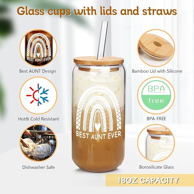 Mason Life Aunt Gifts, Nutritional Facts Glass Cup, 20 OZ Coffee Glass Cup, Best Aunt Ever Gifts from Niece,Nephew Birthday Gift