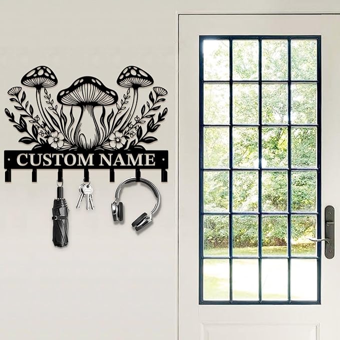 Customized Keys Holder - Personalized Mushroom Wonderland Key Hooks Wall Metal Sign Decor,Wall Holder,Door Hook (Style A)