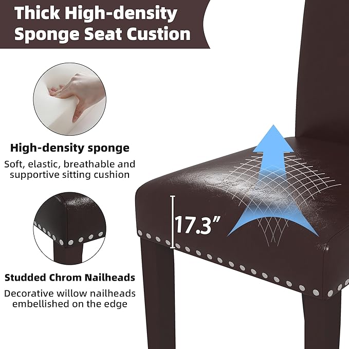 Westice Dining Room Chairs Set of 8 Upholstered PU Leather Kitchen Chairs Dining Room Side Chair with Nailhead Trim and Rubber Wood Legs for Small Space Apartment, Brown