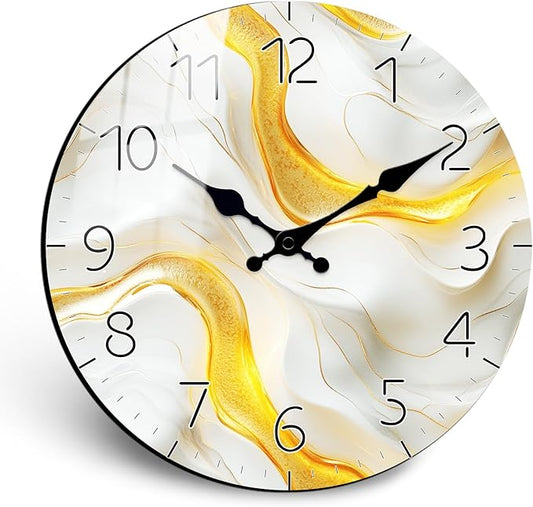 Modern Marble Texture Wooden Wall Clock for Living Room Decor 14 Inch Round Wall Clock Non - Ticking for Office, Home (Battery Operated)