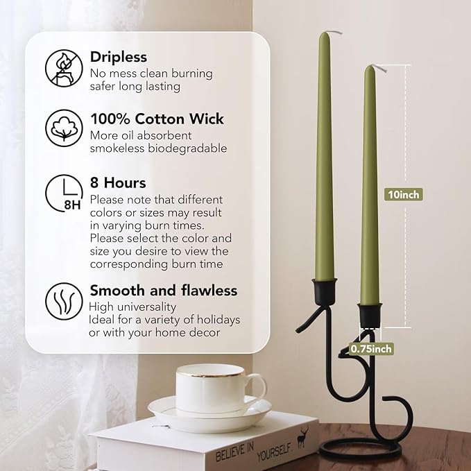 New Burning Formula Unscented Dripless 10-Inch Taper Candles Set of 12 - Olive Green, for Wedding, Dinner - Smokeless, Long Burning - Hand Poured, Colored Tall Candlesticks - Verde Oliva