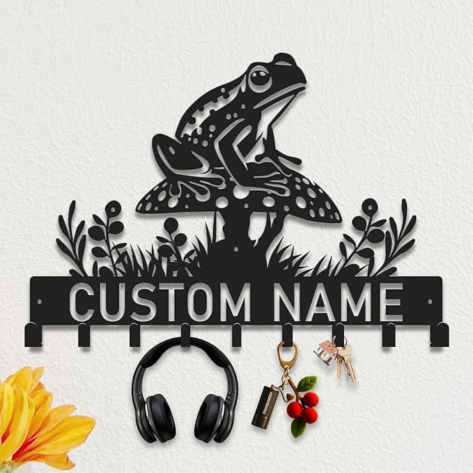 Custom Frog Key Holder for Wall Entryway, Personalized Metal Name Sign with Hooks Coat Rack & Dog Leash Holder, Decorative Wall Hanger Organizer (Style-4)
