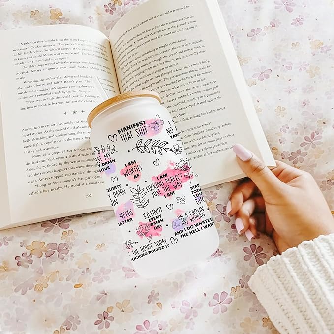 Positive Daily Affirmations Gift 16Oz Can Glass Cups, Inspirational Mental Health Gifts for Women Friends, Sobriety Motivational Gifts for Female Coworker, Birthday Gifts for Women Friendship