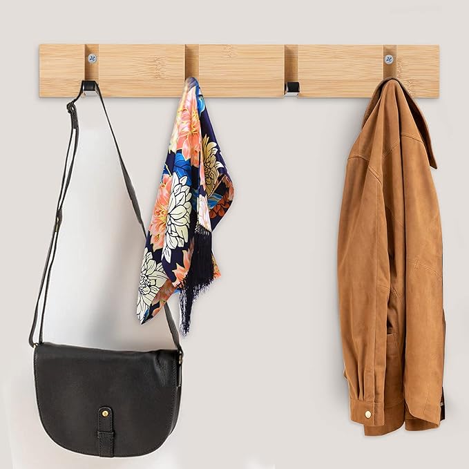 Wooden Wall Mounted Folding Coat Rack – Modern, Sleek Space-Saving Hanger for Entryway, Hallway, Living Room, Bedroom, Bathroom – Natural 4 Hooks(2 Pack)