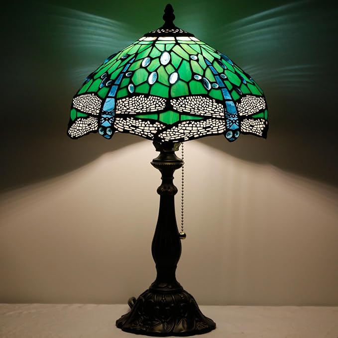 Tiffany Table Lamp Stained Glass Lamp 12X12X19 Inch Antique Reading Light (Green Dragonfly)