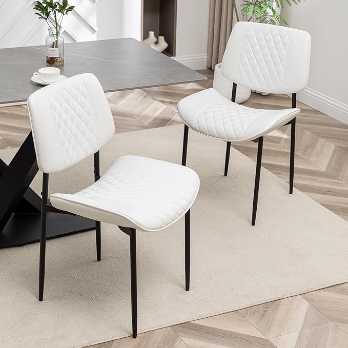 Modern Dining Chairs Set of 2, Leather Dining Chair with Metal Legs, Upholstered Dining Room Chairs for Dining Room, Kitchen, Vanity (White)