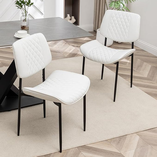 Modern Dining Chairs Set of 2, Leather Dining Chair with Metal Legs, Upholstered Dining Room Chairs for Dining Room, Kitchen, Vanity (White)