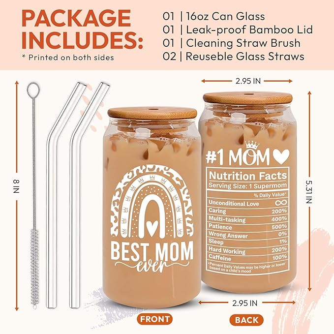 HEXMOZ Gifts for Mom from Daughter, Son, Kids - First Christmas Moms Gift for New Moms, Wife, Mama from Husband - Christmas Mom Gifts for Wife, Her - 16oz Glass Drinking Cup with Straw Gift Box