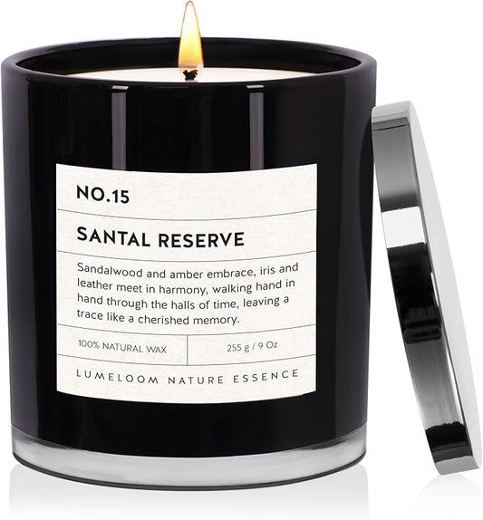 Santal Reserve Luxury Scented Candles, 9oz Soy Wax Candles for Home Scented, Sandalwood, Amber, Iris & Leather Scent, Long Burning Time, Gifts for Christmas, Women, Men, Sister, Teacher