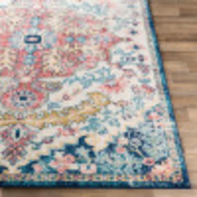 Livabliss Area Rugs - 7ft Round Odelia Vintage Boho Aqua Burgandy Blue Round Area Rug for Living Room Bedroom - Floral Medallion Stain Resistant Carpet for Kitchen, Nursery, Office (6'7" Round)